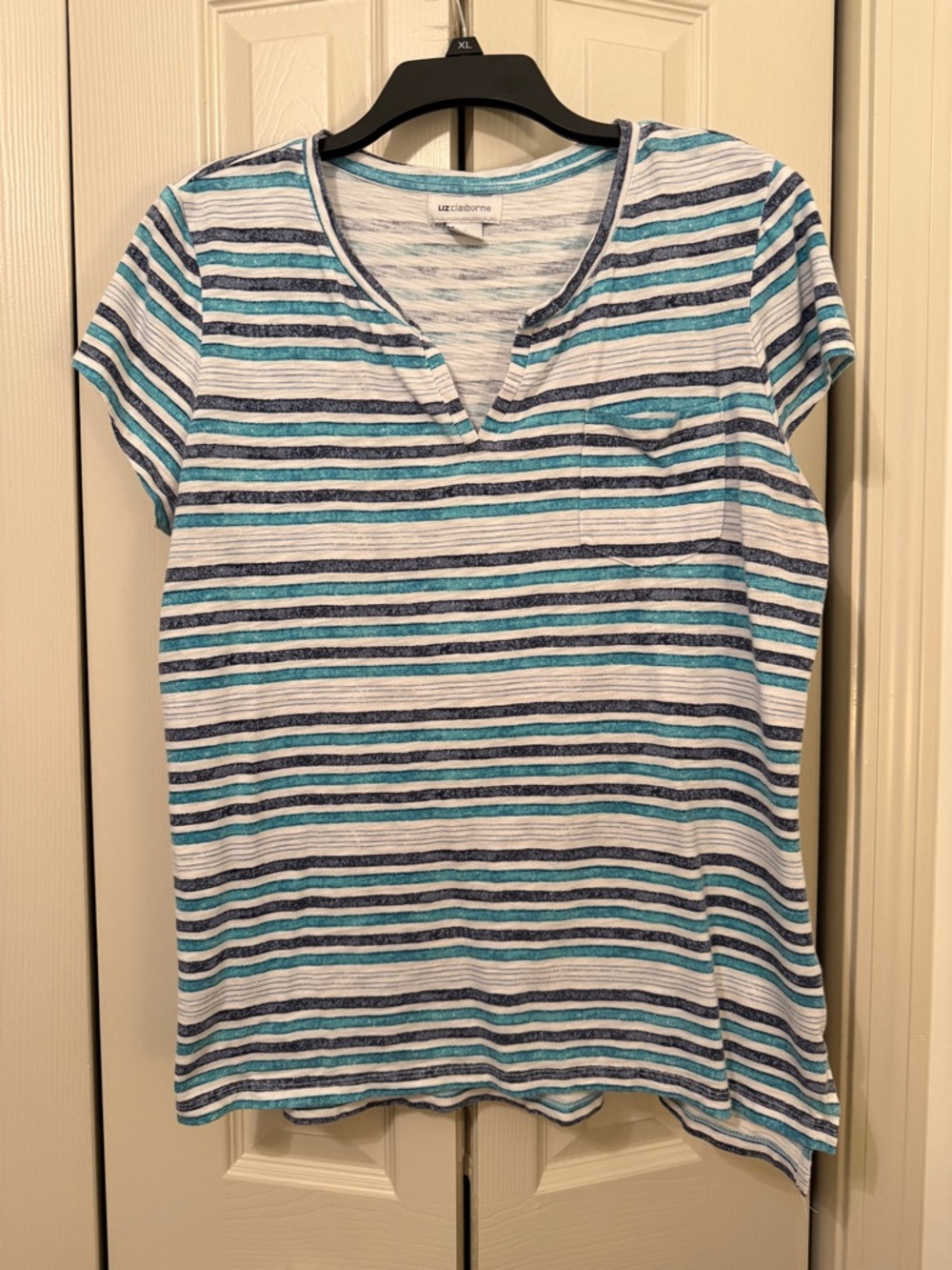 Liz Claiborne White, Teal & Navy Striped Short Sleeve Pocketed Vneck Top